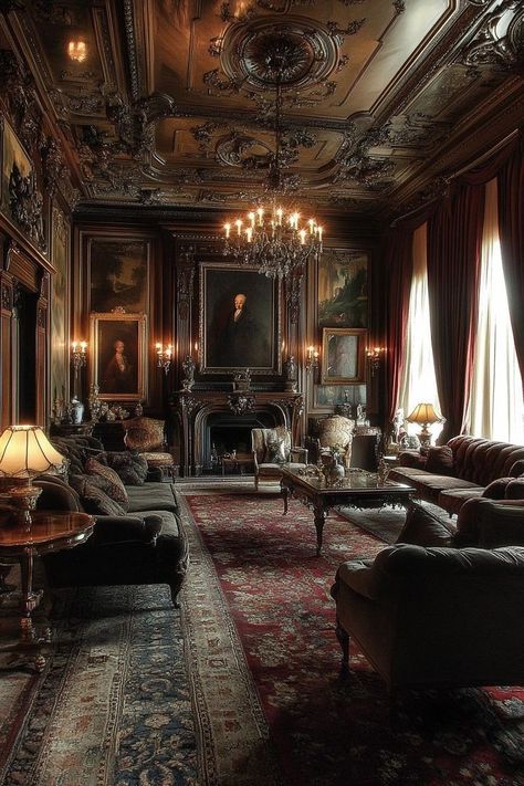 Old Mansion Aesthetic, Old Money Homes, Old Money Living Room, Old Victorian Homes Interior, Old Mansions Interior, Grand Fireplace, Gothic Manor, Victorian Castle, Old Money House