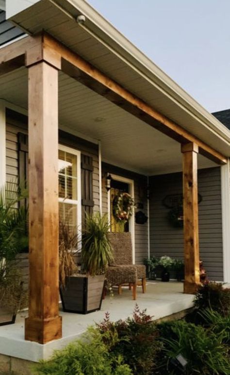 Front Porch Wood Accents, Small Porch Addition, Faux Wood Pillars Front Porches, Front Porch Half Covered Half Not, Porch Beam Wrap, Exterior Posts Front Porches, Faux Wood Beams Outdoor, Porch Redo On A Budget, Add Porch To House