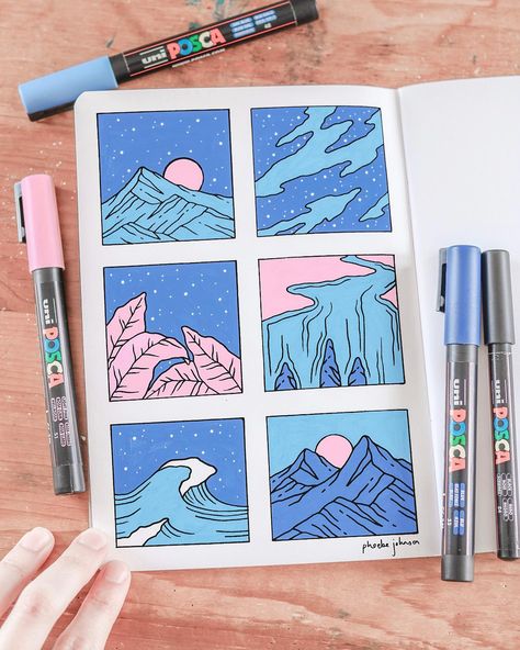 The next page ✍️ planning on refining this later... . #mountain #water #river #posca #ocean #leaves #illustrate #illustrator #illustration… | Instagram Posca Landscape, Posca Pens Art Ideas Easy, Posca Art Doodle, Posca Water, Posca Marker Art, Posca Pen Art, Posca Ideas, Posca Illustration, River Illustration