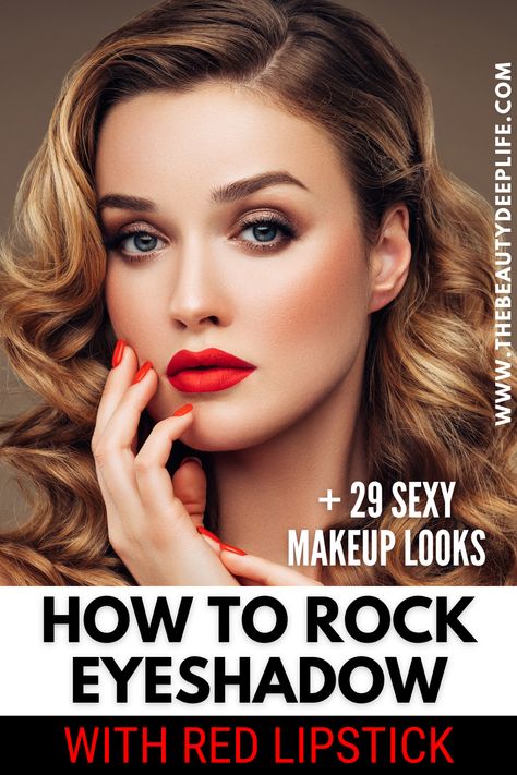 Red Lipstick Looks Make Up, Orange Red Lipstick Makeup Look, Eye Make Up For Red Lipstick, Bright Lip Makeup Look, Dramatic Red Lip Makeup Look, Red Lip Eye Makeup Look, Make Up For Red Lipstick, Eyeshadow For Red Lipstick, Eye Make Up With Red Lips