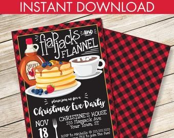 Breakfast With Santa, Pancake Party, Pancakes And Pajamas, Lumberjack Party, Printable Box, Office Depot, Label Paper, Christmas Party Invitations, Some Text