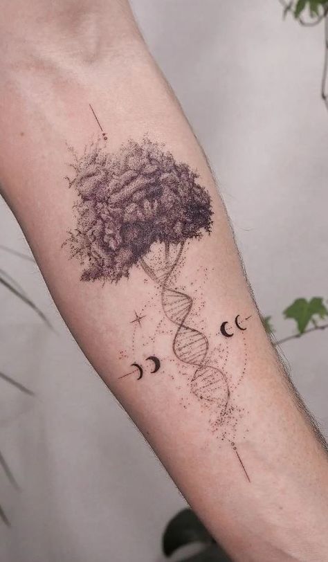 Earth Connection Tattoo, Tattoo Ideas Biology, Nature Vs Nurture Tattoo, Dna Tattoo With Names, Dna Strand Tattoo Design, Science Tattoo Ideas Biology, Tree Of Life Dna Tattoo, Evolution Tattoo Ideas, Dna Helix Tattoo