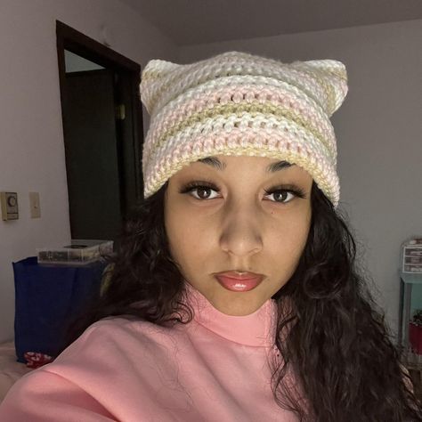 Pink tan & white cat ear beanie Made with “I love... - Depop Cat Ear Beanie, Ear Beanie, Cat Eared Beanie, Cap Ideas, Crochet Cap, I Love This Yarn, Cat Ear, Cat Hat, Pink Cat