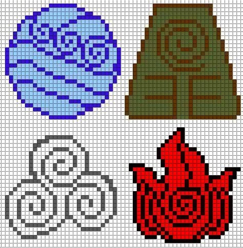 Avatar Elements perler bead pattern                                                                                                                                                                                 More Perler Bead Patterns Avatar The Last Airbender, Avatar Pixel Art The Last Airbender, Avatar The Last Airbender Pixel Art Grid, Avatar The Last Airbender Perler Beads, Avatar Perler Beads, Avatar Pixel Art, Pixel Art Templates Pattern, Minecraft Pixel Art Templates, Avatar Elements