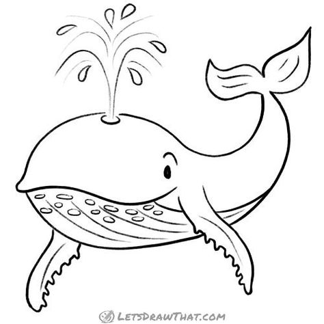 Learn how to draw a whale in a few easy steps. Draw a nice cartoon-style whale with a cheeky smile and some real-life details for added interest. Whale Cute Drawing, Whale Clipart Black And White, Whale Outline Drawing, Humpback Whale Drawing Easy, Whale Coloring, Whale Cartoon, How To Draw A Whale, Whale Drawing Simple, Whale Cartoon Drawing