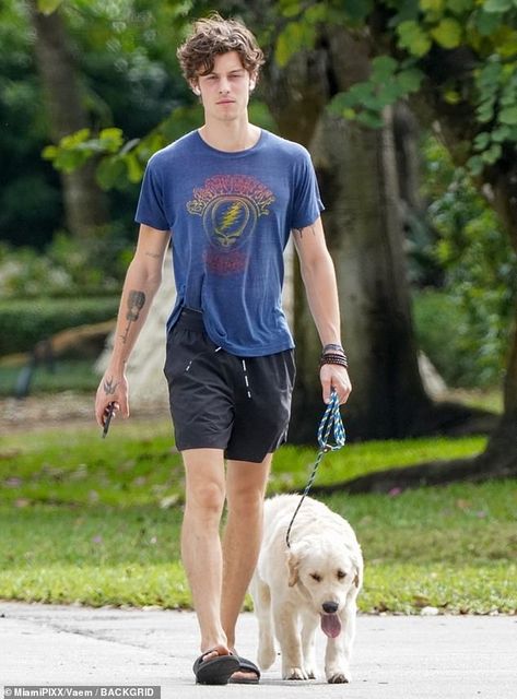 Shawn Mendes keeps it very casual while stepping out for a walk with his pup Tarzan in Miami | Daily Mail Online Shawn Mendes Fanfiction, Sean Mendes, Guy Aesthetic Outfits, Cameron Alexander Dallas, Cute Labrador, Going For A Walk, Canadian Men, Guitar Practice, Day In The Life