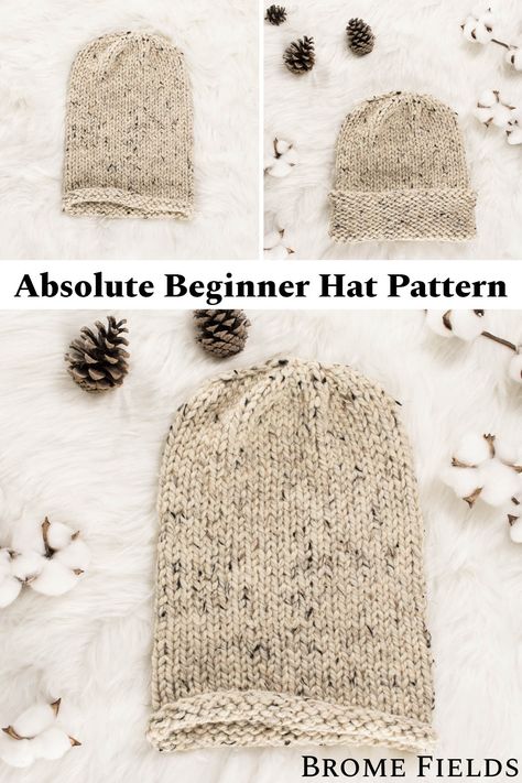 multiple pics of an easy knit hat displayed on faux fur blanket Thick And Quick Knit Hat Patterns, Knitted Beanie Pattern Free Beginner, Knitting A Hat In The Round, Basic Hat Knitting Pattern, How To Knit A Beanie For Beginners, Easy Knit Hat Pattern Free In The Round, Knitting Beanie Patterns Free, Knit Hats Patterns Free, Basic Knit Hat Pattern Free