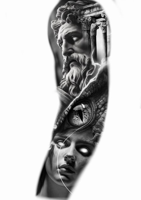 Full Sleeve Tattoo Ideas, Cute Tattoo Ideas, Mangas Tattoo, Zeus Tattoo, Egyptian Tattoo Sleeve, Sleeve Tattoo Ideas, Realistic Tattoo Sleeve, Statue Tattoo, Full Sleeve Tattoo Design