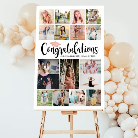 Graduation Photo Boards, Graduation Photo Collage, Graduation Canvas, Graduation Party Pictures, Open House Invitation, Black Calligraphy, Photo Collage Design, Portrait Photos, Congratulations Graduate