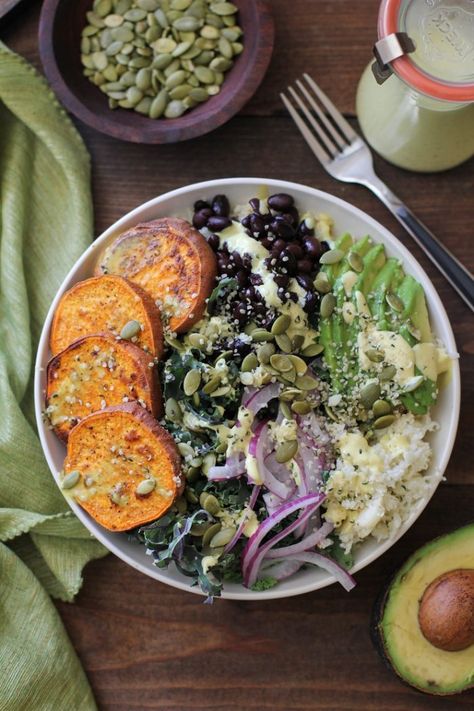 Roasted Sweet Potato Cauliflower Rice Buddha Bowls from The Roasted Root Healthy Vegetarian Meal Plan, Sweet Potato Kale, Vegetarian Meal Plan, Cauliflower Rice Recipes, Roasted Sweet Potato, Buddha Bowls, Vegan Cauliflower, Chicken Sweet Potato, Healthy Bowls