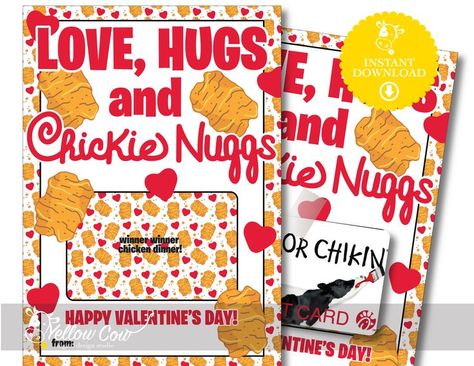 This "Love, Hugs & Chickie Nuggs" gift card holder is perfect for your Fast Food loving Valentine (tween or teen?)!

Great for grandchildren, friends, and teammates!

Grab a gift card to your favorite restaurant - Chick Fil A, McDonalds, Wendys, In N Out, etc - and use our gift card holder to deliver to your Valentine! Class Treats, Teacher Printables, Gift Card Presentation, Teacher Holiday Gifts, Love Hugs, Restaurant Gift Cards, Elf Activities, Printable Gift Cards, Chicken Nugget