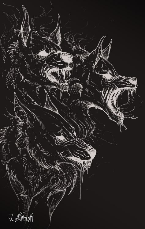 Cerebus Dog Art, Cerberus Art Drawings, Cerberus Dog Tattoo, Cerberus Wallpaper Iphone, Underworld Tattoo Greek Mythology, Cerberus Painting, Cerberus Artwork, Cerberus Sketch, Cerberus Mythology