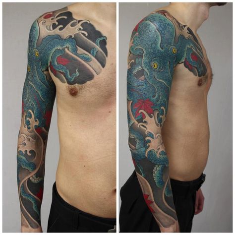 octopus tattoo Asian Octopus Tattoo, Japanese Squid Tattoo, Japanese Octopus Tattoo Sleeve, Irezumi Octopus, Octopus Japanese Tattoo, Tattoo Sleeve Japanese Style, Tattoo Sleeve Japanese, Japanese Octopus Tattoo, Japanese Water Tattoo