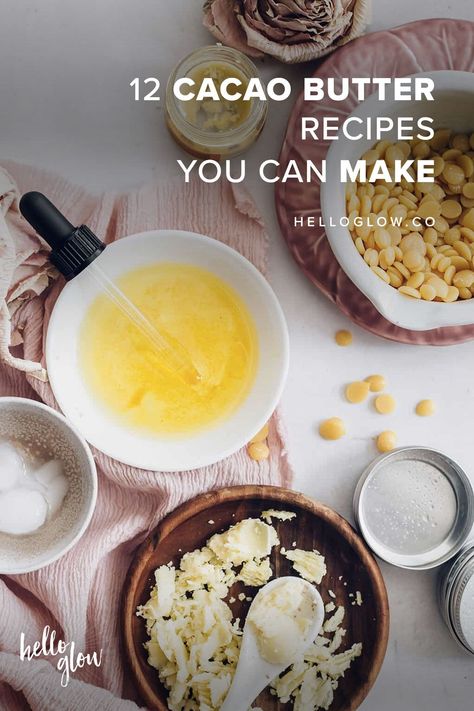 12 Cacao Butter Recipes You Can Make - Hello Glow Cacao Butter Recipes Keto, Cacao Butter Chocolate, Cocoa Butter Recipes Body Creams, Raw Cocoa Butter Recipes, Cocoa Butter Recipes Food, Cacao Butter Recipes Skin, Cacao Butter Benefits, Cocoa Butter Aesthetic, Cocoa Butter Lotion Recipe