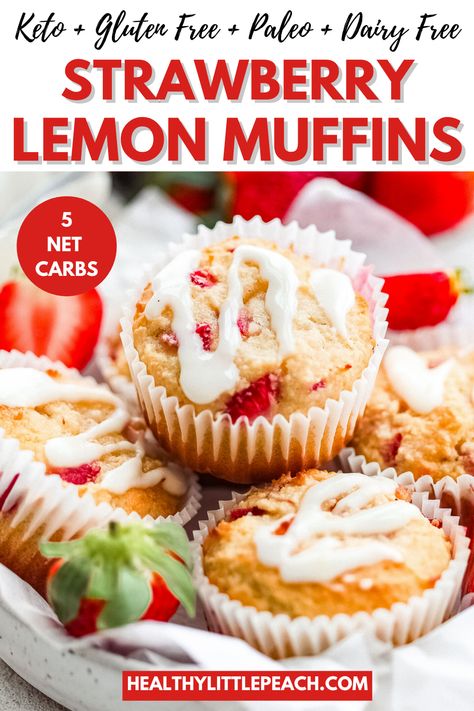 These Keto Strawberry Lemon Muffins are the perfect healthy breakfast, dessert or even snack option. Each muffin only has 5 NET carbs and are also Keto, Paleo, Gluten and Dairy Free. #ketodesserts #ketomuffins #ketorecipes #paleo #paleodesserts #glutenfree #glutenfreedesserts #healthy #kidfriendly #strawberrylemonmuffins Paleo Strawberry Muffins, Keto Strawberry Muffins, Strawberry Lemon Muffins, Healthy Little Peach, Strawberry Breakfast, Perfect Healthy Breakfast, Clean Baking, Low Carb Low Fat Recipes, Strawberry Muffins