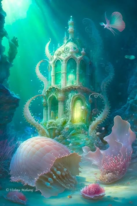 Underwater City Illustration, Mermaid Palace Under The Sea, Magical Underwater World, Underwater World Fantasy Mermaids, Underwater House Fantasy Art, Water Kingdom Fantasy Art, Mermaid Castle Underwater, Mermaid House Underwater, Mermaid City