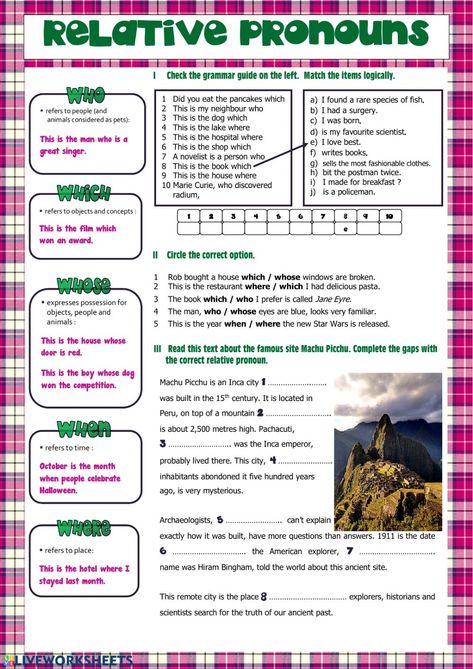 Relative Pronouns Worksheet, Pronoun Grammar, English Pronouns, Pronoun Activities, Adverbs Worksheet, Demonstrative Pronouns, Relative Clauses, English Grammar Tenses, Relative Pronouns