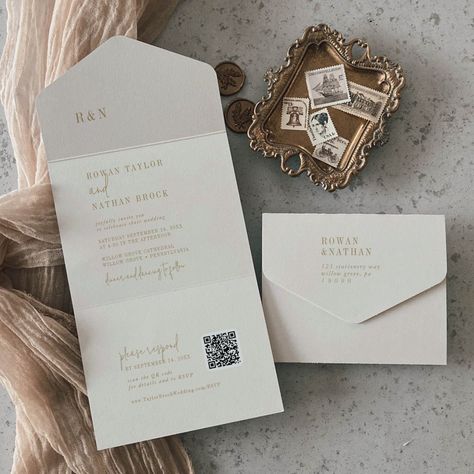 Modern Chic Vintage Gold QR Monogram Wedding All In One Invitation Wedding Invitations Classic Elegant, Bohemian Typography, Trifold Wedding Invitations, Wedding Invites Simple, Wedding Invitation Boho, Folded Invitation, Wedding Invitations Classic, Minimalist Stationery, Folded Wedding Invitation