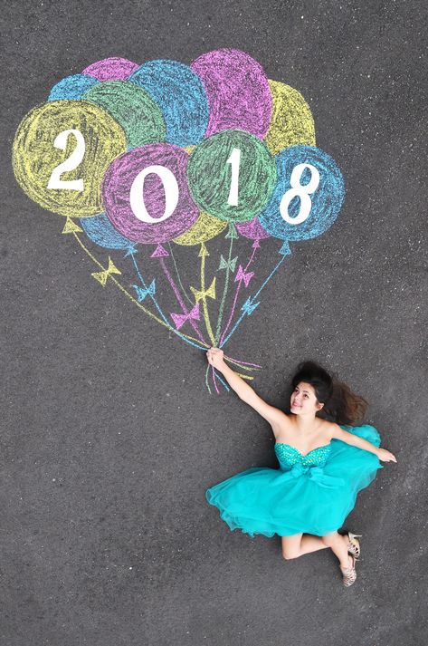 Graduation Sidewalk Chalk Art, Senior Chalk Art, Graduation Chalk Art, Senior Picture Ideas For Art Students, Last Day Of School Sidewalk Chalk Art, Senior Pictures With Bubbles, Gymnastics Chalk Photos, Driveway Art, Chalking Senior Parking Spots