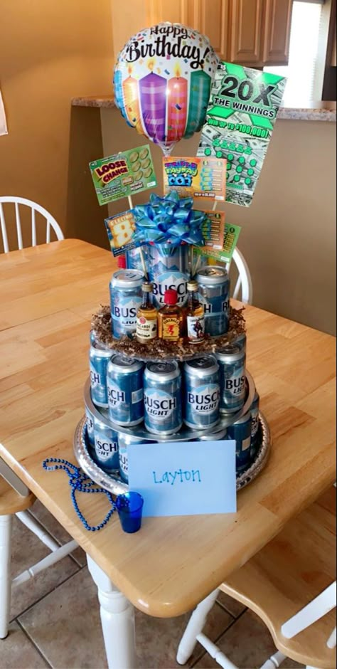 21 Bday Gifts For Boyfriend, Homemade Birthday Cake Ideas For Boyfriend, 50th Birthday Beer Cake, Busch Light Cake Beer Cans, Birthday Beer Basket, 21st Birthday For Guys Gift, Beer Can Cakes For Men Diy, Diy Beer Cake With Cans, 40th Birthday Gift Basket Ideas For Men