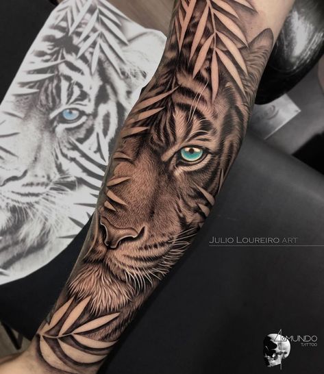 Tiger Forearm Tattoo, Tiger Eyes Tattoo, Beautiful Tattoo Designs, Jungle Tattoo, Animal Tattoos For Men, Tiger Tattoo Sleeve, Animal Sleeve Tattoo, Lion Tattoo Sleeves, Leopard Tattoos