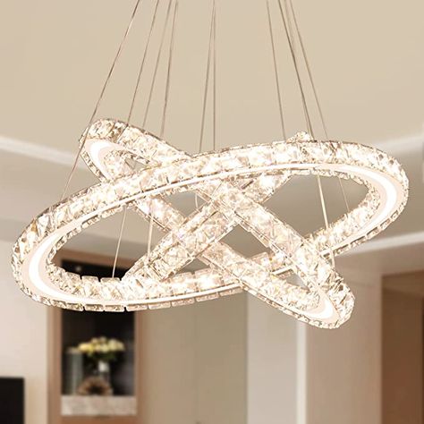 Dixun LED Big Crystal Chandeliers Modern 5 Rings Pendant Light Adjustable Ceiling Light for Bedroom Dinning Room Kitchen (Warm White) - - Amazon.com Aesthetic Chandelier Bedroom, Modern Crystal Chandelier Bedroom, Hanging Lights In Bedroom, Aesthetic Chandelier, Princess Chandelier, Ethereal Decor, Cool Chandeliers, Rings Light, Chandeliers For Living Room