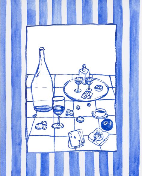 Water Colour Prints, Blue And White Illustration, Free Drawing Ideas, Watercolor Playing Cards, Kitchen Line Drawing, Blue Aesthetic Minimalist, White And Blue Poster, Blue Prints Aesthetic, Kitchen Watercolor Art