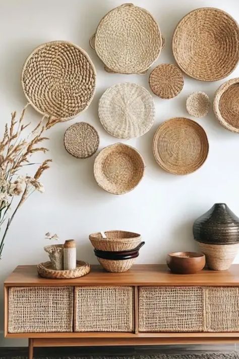 Decorating With Wall Baskets, How To Make Wall Baskets, Wall Basket Ideas, Diy Basket Wall Decor, Diy Wall Basket, Weaving Materials, Woven Basket Wall Decor, Basket Display, Woven Wall Baskets