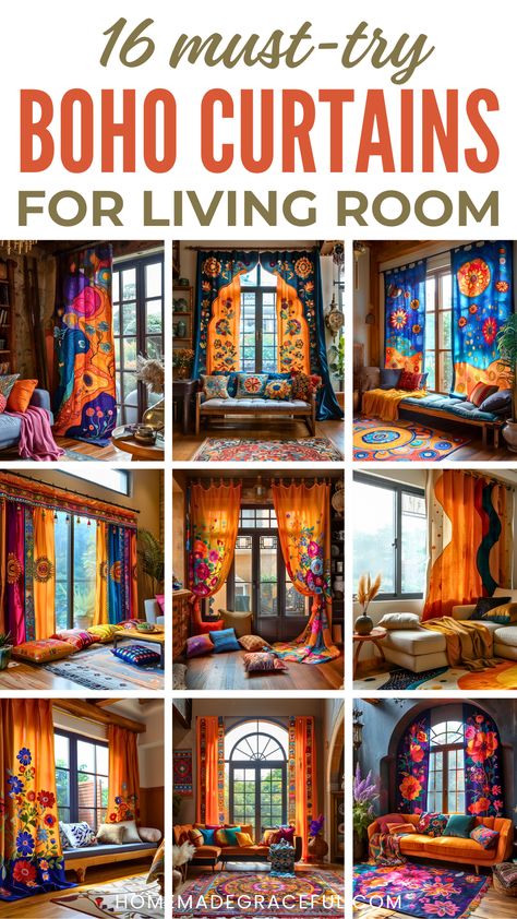 boho curtains for living room Boho Curtains Diy, Boho Curtain Ideas, Boho Curtains Living Room, Boho Window Treatments, Bold Curtains, Hippie Curtains, Bohemian Style Living Room, Boho Window, Macrame Curtains