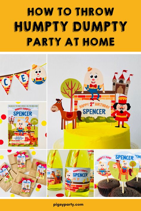 Humpty Dumpty Party Ideas Humpty Dumpty Party Ideas, Nursery Rhymes Decorations, Humpty Dumpty Birthday Party Ideas, Humpty Dumpty Birthday, Birthday Milestone Board, Five Little Monkeys, Bottle Wrappers, Wheels On The Bus, Photo Booth Frame