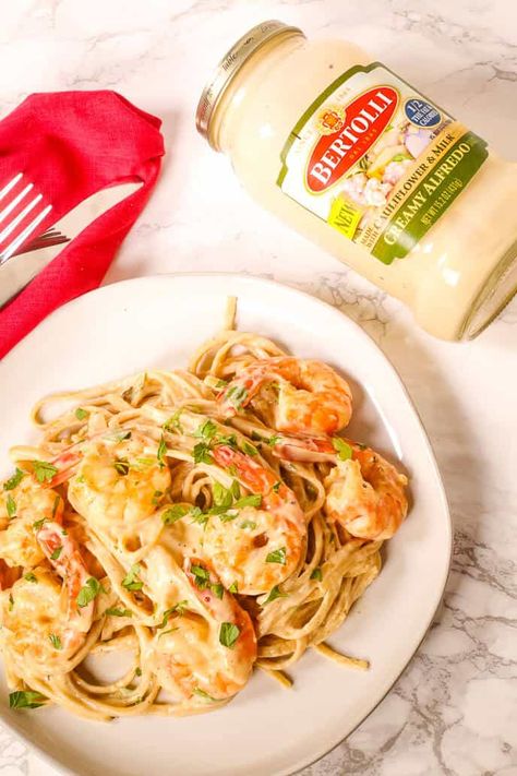 Shrimp In Alfredo Sauce, Shrimp With Alfredo Sauce, Easy Shrimp Alfredo With Jar Sauce, Seafood Alfredo Pasta Recipes, Shrimp Alfredo Pasta With Jar Sauce Easy, Fettucini Alfredo Recipe With Shrimp, Shrimp Alfredo Recipe With Jar Sauce, Jarred Alfredo Sauce Doctor Up, Prego Alfredo Sauce Recipes