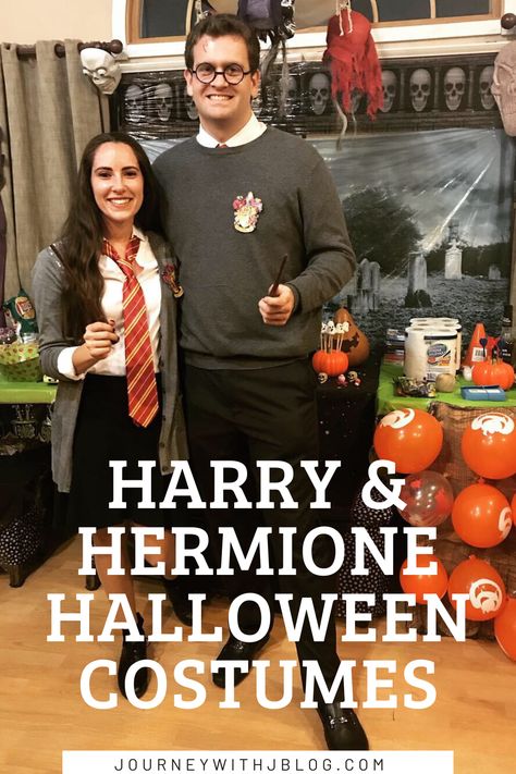 DIY Harry Potter & Hermione Granger Halloween Costumes. #harrypotter #hermionegranger #halloween #halloweencostumes #costumes Hermione Granger Diy Costume, Hermione Costume Diy, Harry Potter And Hermione Costume, Diy Harry Potter Costume Women, Hermione Granger Costume Diy, Diy Hermione Granger Costume, Easy Harry Potter Costume, Harry Potter Costume Women, Hermione Granger Halloween Costume