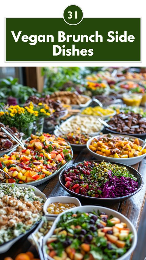 A variety of colorful vegan brunch side dishes including salads, baked goods, and fresh fruit, perfect for a plant-based meal. Veggie Brunch Recipes, Brunch Recipes Vegan, Vegan Retreat Food, Breakfast Buffet Ideas Brunch Party Healthy, Vegetables For Breakfast Vegan, Paleo Brunch Ideas, Plant Based Brunch Recipes, Plant Based Party Food, Brunch Vegetable Ideas