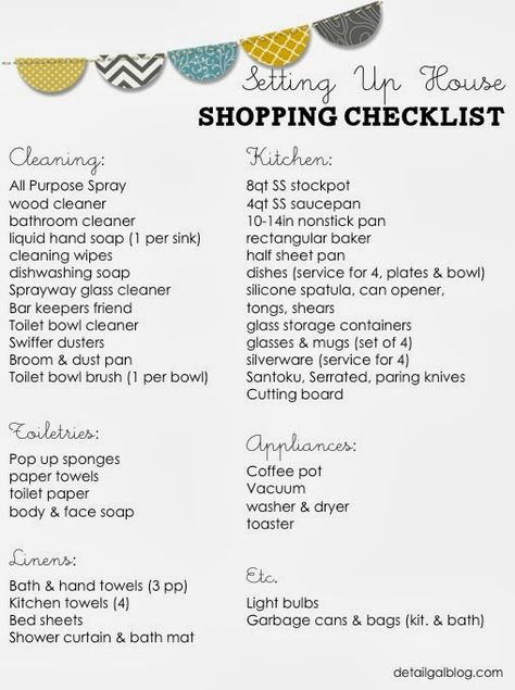 www.detailgal.com: Setting Up House Checklist: Kitchen, Cleaning, Linens First Home Checklist, Shopping Checklist, House Checklist, Home Checklist, New Home Checklist, Apartment Checklist, College House, House Essentials, Apartment Life