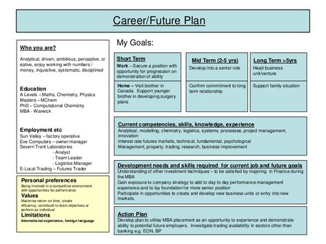 Career/Future PlanMy Goals:Who you are?Analytical, driven, ambitious, perceptive, creative, enjoy working with numbers / money, inquisitive, systematic, discip… Employee Growth Plan, Career Plan Example, Life Plan Template, Employee Development Plan, Personal Development Plan Example, Professional Development Plan, Career Plan, Career Development Plan, Personal Development Plan Template