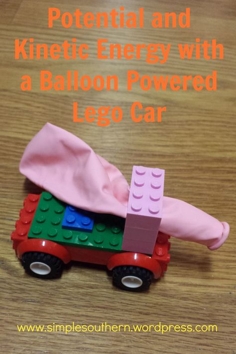 Easy STEM experiment to study potential and kinetic energy. All you need is a Lego car and a balloon. Includes link to a cute youtube video explaining the concepts. 2nd Grade Homeschool, Potential And Kinetic Energy, Easy Stem, Stem Experiments, Lego Challenge, Lego Club, Lego Activities, Kid Experiments, Kinetic Energy