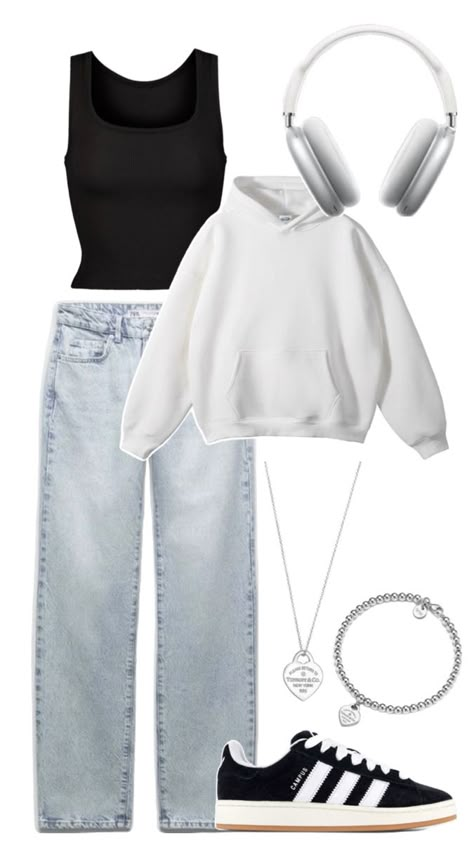 Silver jewelry outfit - black adidas campus outfits - skims tank and Zara jeans outfit inspo basic for back to school and fall Silver Jewelry Outfit, Zara Jeans Outfit, Black Adidas Campus, Outfit Inspo Basic, Outfit Campus, Black Fall Outfits, Campus Outfit, Uni Outfits, Casual Preppy Outfits