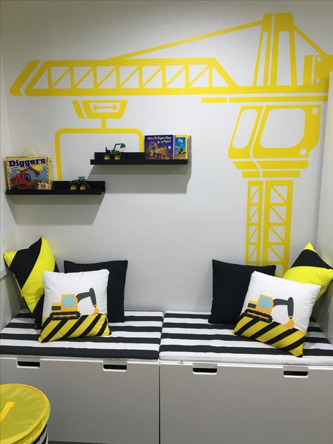 Digger theme room Construction Themed Playroom, Construction Theme Bedroom Decor, Construction Theme Room Little Boys, Kids Construction Bedroom, Construction Themed Room, Digger Themed Bedroom, Digger Bedroom Ideas, Construction Bedroom Boys, Construction Toddler Room