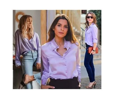 💜28 outfits in 2022💜 what to wear with lavender & lilac? | Lady Refines What To Wear With Lavender, Lavender Top Outfit, Oxford Shirt Women, Lavender Outfit, Lavender Pants, Lavender Shirt, White Oxford Shirt, Lilac Top, Lavender Tops