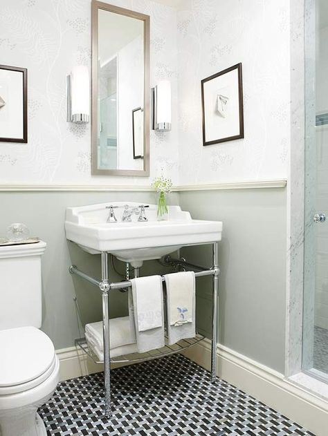 Pedestal Sink Console - Foter  Using a piece of wood to divide the wall -- bottom painted gray Bathroom Wetroom, Pedestal Sink Storage, Small Farmhouse Bathroom, Yellow Bath, Bathroom Space Saver, Farmhouse Bathroom Decor Ideas, Small Bathroom Sinks, Tub Bathroom, Renovation Inspiration