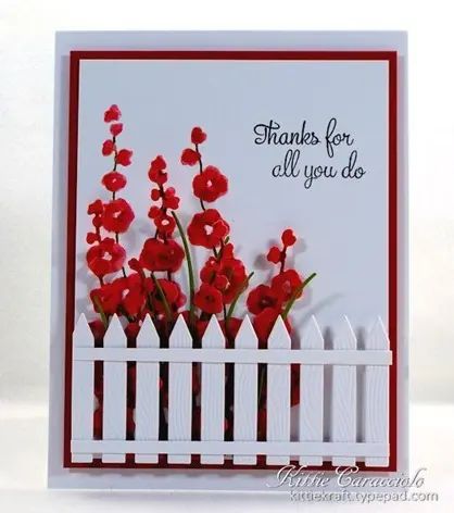 Red Hollyhocks, Impression Obsession Cards, Flower Sketch, Impression Obsession, White Picket Fence, December 27, Hur Man Målar, Making Greeting Cards, Picket Fence