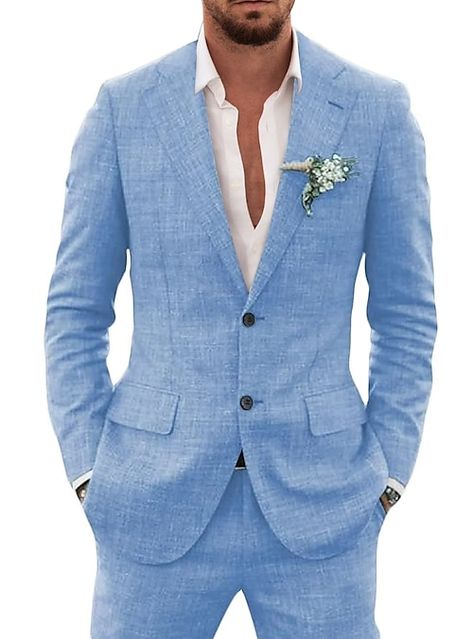 Mens Suits Sky Blue, Mens Beach Wedding Suits, Beach Groom, Blue Linen Suit, Linen Suits For Men, Beach Wedding Suits, Blazers For Men Casual, Summer Beach Wedding, Linen Suits