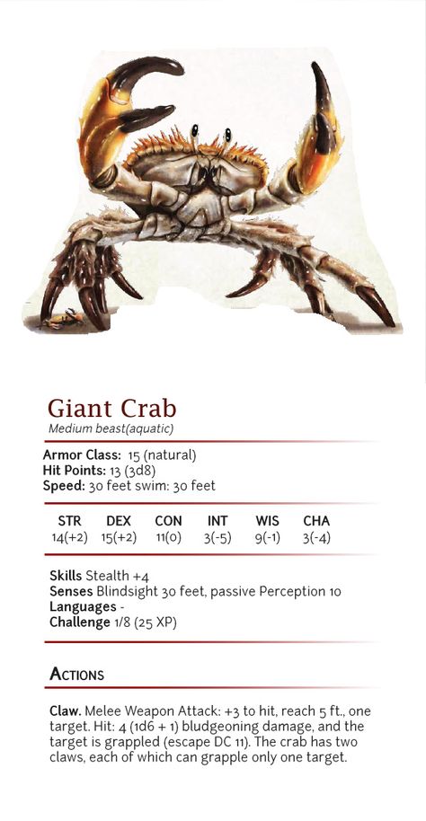 Caranguejo Gigante Dnd Giant Crab, Crab Dnd 5e, Giant Crab Monster, Dnd Ocean, Giant Crab, Dnd Stats, Mythical Creatures Fantasy, Dungeons And Dragons 5e, Beast Creature