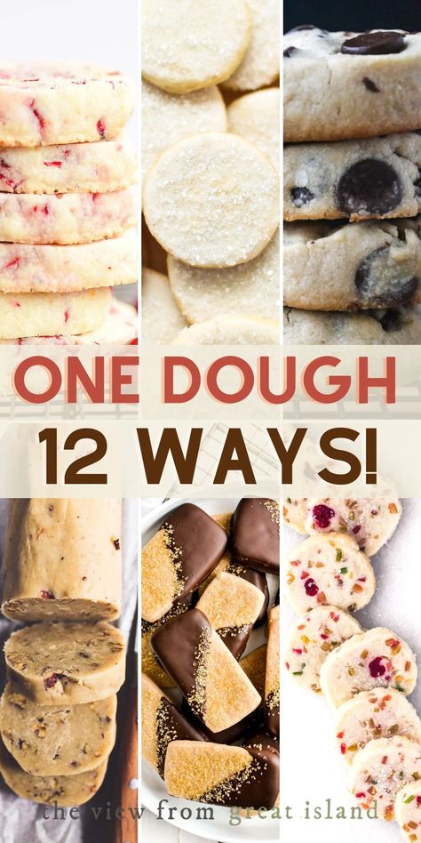 One shortbread cookie dough recipe that can be made into 12 delicious cookies. Which one will you try first? Cookie Dough Freezable, Cookie Dough Log, Best Freezer Cookie Recipes, Make Ahead Freezer Cookie Dough, Cookie Dough Roll Recipes, Cookie Dough Recipes To Freeze, Freezer Slice And Bake Cookies, Freezer Cookie Dough Slice And Bake, Slice Cookies Recipe