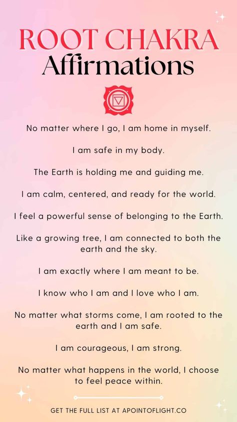 root chakra affirmations Positive Yoga Affirmations, Base Chakra Affirmations, Root Chakra Unbalanced, Affirmations For Root Chakra, Root Chakra Balancing, How To Open Your Root Chakra, Root Chakra Affirmations Mantra, Healing The Root Chakra, Love And Spirituality