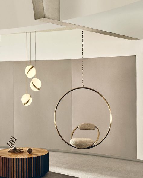 Lee Broom on Instagram: “SWING INTO ACTION. The Lee Broom Hanging Hoop Chair with the Mini Cresent Chandelier . . . . . #leebroom #hanginghoopchair #crescentlight…” Hanging Chair Modern, Cool Hanging Chairs, Orthodontics Office, Modern Hanging Chairs, Swing In Living Room, Lens Flair, Hoop Chair, Hanging Mirrors, Lee Broom