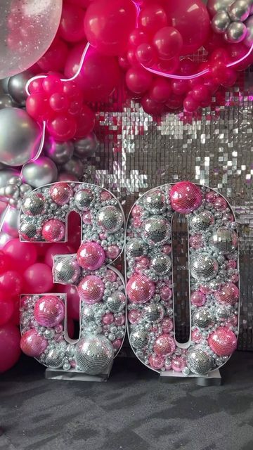 Pink And Silver Themed Birthday Party, Pink And Disco Birthday Party, Disco Cowgirl Birthday Party Table Decor, Hot Pink And Silver Birthday Party, Barbie 30th Birthday, Cowgirl 40th Birthday Party, Disco 40th Birthday Party, Disco Cowgirl Graduation Party, Disco Ball Balloon Arch