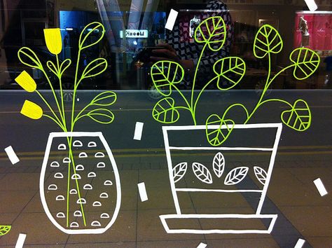 Window Drawings, Spring Window Display, Painted Window Art, White Sharpie, Spring Drawing, Ceramic Store, Decoration Vitrine, Window Drawing, Store Window Displays