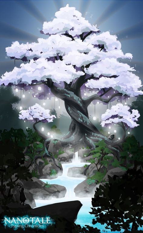 Fantasy Tree Of Life, Magic Tree Fantasy Art, Tree Magic Art, Mythical Tree Art, Mythical Tree Drawing, Magic Tree Concept Art, Fantasy Tree Painting, Giant Crystal Fantasy Art, Magical Tree Illustration