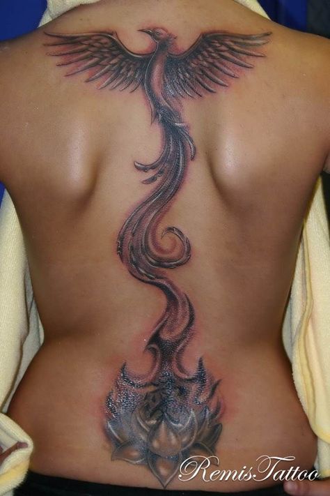 Phoenix Back Tattoo, Rising Phoenix Tattoo, Tattoo Son, Tattoo Back, Phoenix Tattoo Design, Phoenix Rising, Phoenix Tattoo, Back Tattoo Women, Tattoo Cover-up